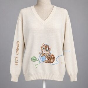Vintage 90s Embroidered Kitten Sweater Size XL Cat Lover Novelty Cottage Granny